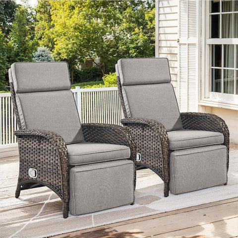 Carlos Brown Wicker 2-Piece Outdoor Chaise Lounge Chair, Patio Adjuestment Recliner with Beige Olefin Soft Cushion