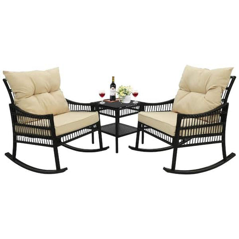 Beige 3-Piece Patio Wicker Outdoor Rocking Chair Set with Orange Cushions and Pillows