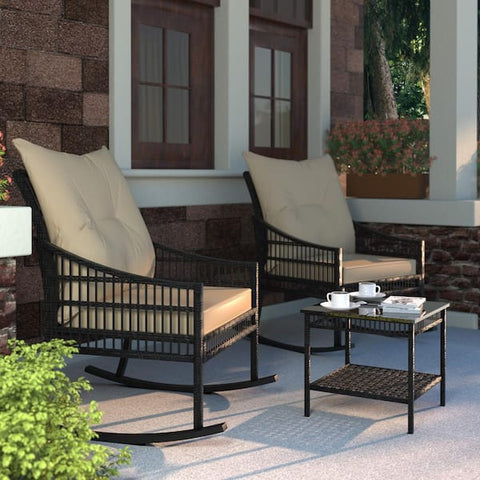Beige 3-Piece Patio Wicker Outdoor Rocking Chair Set with Orange Cushions and Pillows