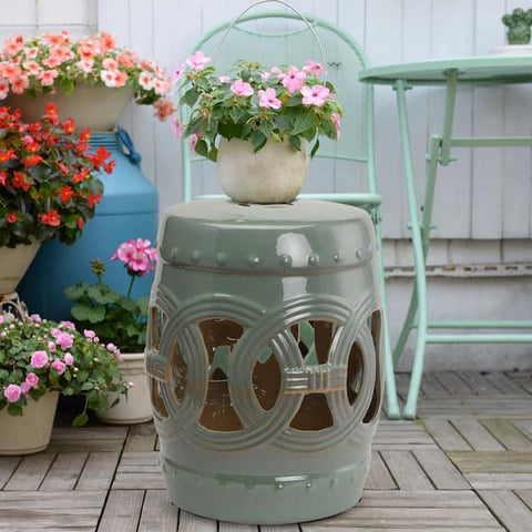 Green Round Stone 17.3 in. Outdoor Side Table with Knotted Ring Design and Glazed Strong Materials