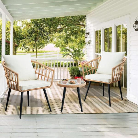 Bohemian 3-Piece Wicker Patio Conversation Set with Beige Cushions