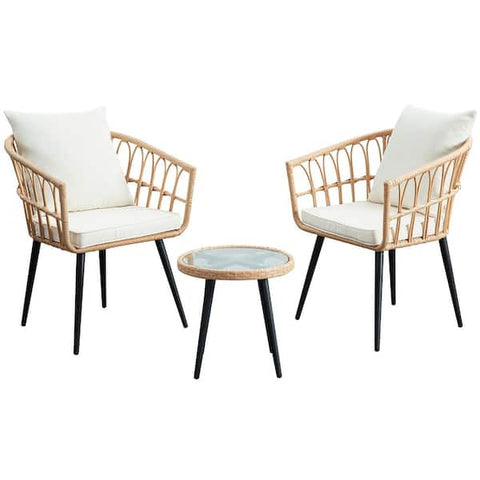 Bohemian 3-Piece Wicker Patio Conversation Set with Beige Cushions