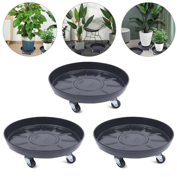Black Round Iron Indoor Outdoor Plant Flower Pot Saucer Heavy-Duty Flower Pot Tray with Universal Wheels (Set of 3) - Thumbnail 4