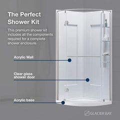 Glamour 34 in. x 76.40 in. Corner Drain Corner Shower Kit in Satin Nickel and White