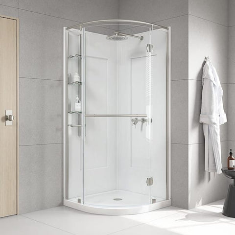 Glamour 34 in. x 76.40 in. Corner Drain Corner Shower Kit in Satin Nickel and White