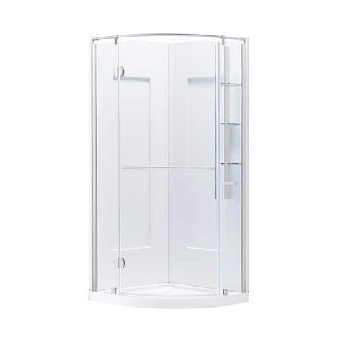 Glamour 34 in. x 76.40 in. Corner Drain Corner Shower Kit in Satin Nickel and White
