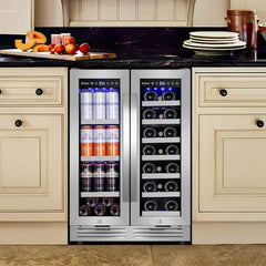 23.47 in. Dual Zone 20-Wine Bottles and 60-Cans Built-in Beverage and Wine Cooler in Silver Four Door Handles Blue LEDs