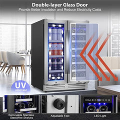 23.47 in. Dual Zone 20-Wine Bottles and 60-Cans Built-in Beverage and Wine Cooler in Silver Four Door Handles Blue LEDs