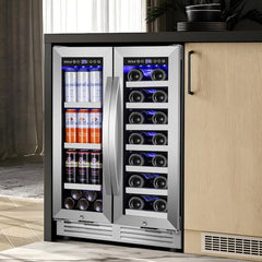 23.47 in. Dual Zone 20-Wine Bottles and 60-Cans Built-in Beverage and Wine Cooler in Silver Four Door Handles Blue LEDs