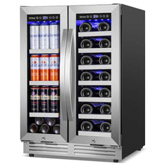 23.47 in. Dual Zone 20-Wine Bottles and 60-Cans Built-in Beverage and Wine Cooler in Silver Four Door Handles Blue LEDs