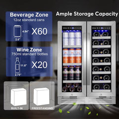 23.47 in. Dual Zone 20-Wine Bottles and 60-Cans Built-in Beverage and Wine Cooler in Silver Four Door Handles Blue LEDs