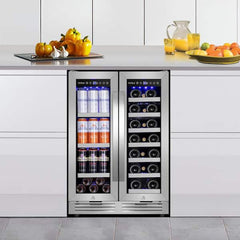 23.47 in. Dual Zone 20-Wine Bottles and 60-Cans Built-in Beverage and Wine Cooler in Silver Four Door Handles Blue LEDs