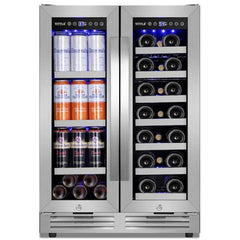 23.47 in. Dual Zone 20-Wine Bottles and 60-Cans Built-in Beverage and Wine Cooler in Silver Four Door Handles Blue LEDs