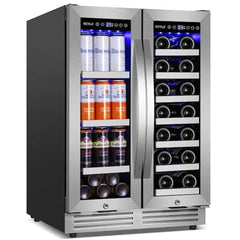 23.47 in. Dual Zone 20-Wine Bottles and 60-Cans Built-in Beverage and Wine Cooler in Silver Four Door Handles Blue LEDs