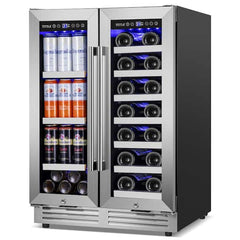 23.47 in. Dual Zone 20-Wine Bottles and 60-Cans Built-in Beverage and Wine Cooler in Silver Four Door Handles Blue LEDs