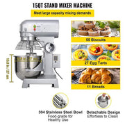 15 Qt. Commercial Food Mixer 3 Speeds Adjustable Spiral Mixer with Stainless Steel Bowl for Schools Bakeries