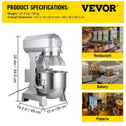 15 Qt. Commercial Food Mixer 3 Speeds Adjustable Spiral Mixer with Stainless Steel Bowl for Schools Bakeries