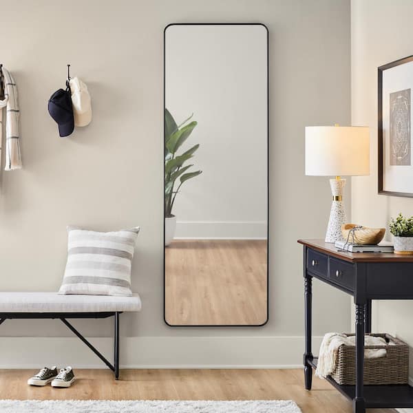 Oversized Modern Rectangular Black Framed Full-Length Mirror with Rounded Corners