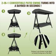 3-Person Metal Patio Swing Chair With Converting Canopy Porch Swing With Detachable Cushion and Side Trays, Dark