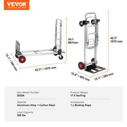 2-in-1 Aluminum Folding Hand Truck 400 lbs. Capacity heavy-duty Industrial Collapsible cart with Rubber Wheels