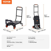 Aluminum 2 in 1 Hand Truck Heavy Duty Industrial Convertible Folding Hand Truck and Dolly 300 lbs. Load capacity