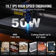 50-Watt CO2 Laser Engraver 12 x 20 in. 19.7 IPS Laser Cutter Machine with 2-Way Pass Air Assist for Wood Acrylic Fabric