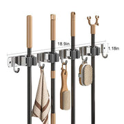 Gray Broom Holder Wall Mount Mop Organizer with 4 Clips And 5 Hooks