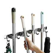 Gray Broom Holder Wall Mount Mop Organizer with 4 Clips And 5 Hooks