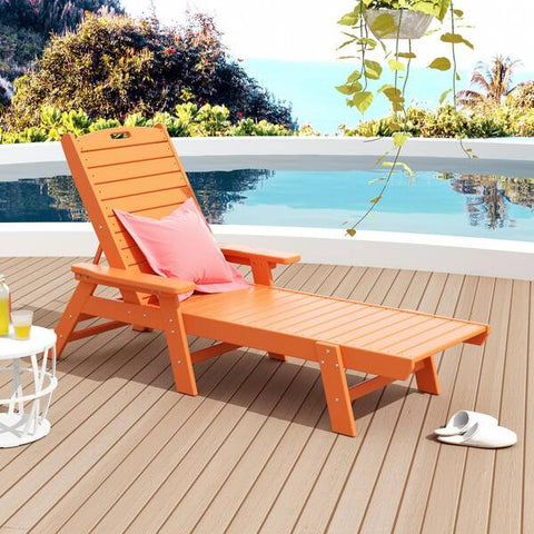 Harlo Orange HDPE All Weather Fade Proof Plastic Reclining Adjustable Backrest Outdoor Patio Chaise Lounge Armchair