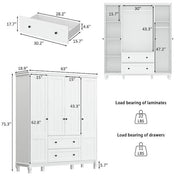 White Wood 63 in. W 4-Door Big Armoires Wardrobe with Hanging Rod, 2-Drawers, Storage Shelves(18.9 in. D x 71.3 in. H)
