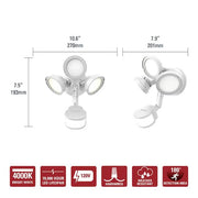 TGS 27-Watt, White, Motion Activated, Outdoor Integrated LED Flood Light with Round Triple Head, 4000K, 3000 Lumens