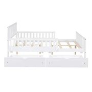 White Wood Frame Full Size Platform Bed with Guardrails on Both Sides and 2-Storage Drawers