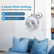 10 in. W 2-Speeds Wall Fan in White with Pull Chain Control 180-Degree Oscillate