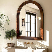 24 in. W x 36 in. H Arched Classic Brown Wooden Framed Bathroom Vanity Mirror Wall Mirror