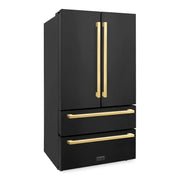 ZLINE Autograph Edition 36" 4-Door French Door Refrigerator, Ice Maker, Black Stainless Steel, Polished Gold Square Handles RFMZ-36-BS-FG