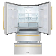 ZLINE Autograph Edition 36" 4-Door French Door Refrigerator, Ice Maker, Stainless Steel, Polished Gold Square Handles RFMZ-36-FG