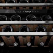 ZLINE 24" Autograph Edition Dual Zone 44-Bottle Wine Cooler in Stainless Steel with Wood Shelf and Champagne Bronze Accents RWV-UD-24-CB