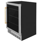 ZLINE 24" Autograph Edition 154 Can Beverage Cooler Fridge with Adjustable Shelves in Stainless Steel with Gold Accents RBVZ-US-24-G