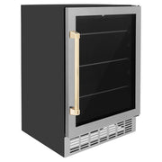 ZLINE 24" Autograph Edition 154 Can Beverage Cooler Fridge with Adjustable Shelves in Stainless Steel with Gold Accents RBVZ-US-24-G