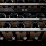 ZLINE 24" Autograph Edition Dual Zone 44-Bottle Wine Cooler in Stainless Steel with Wood Shelf and Gold Accents RWVZ-UD-24-G
