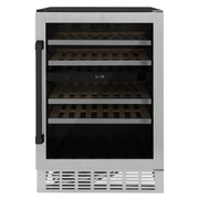 ZLINE 24" Autograph Edition Dual Zone 44-Bottle Wine Cooler in Stainless Steel with Wood Shelf and Matte Black Accents RWVZ-UD-24-MB