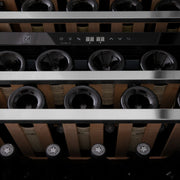 ZLINE 24" Autograph Edition Dual Zone 44-Bottle Wine Cooler in Stainless Steel with Wood Shelf and Matte Black Accents RWVZ-UD-24-MB