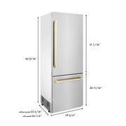 ZLINE 30” Autograph 16.1 cu. ft. 2-Door Bottom Freezer Fridge Water/Ice Dispenser Stainless Steel Gold Accents RBIVZ-304-30-G
