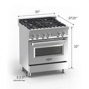 ZLINE 30"Dual Fuel Range, Snow Stainless, Blue Gloss Door, RAS-BG-30