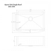 ZLINE 33" Undermount Single Bowl Apron Sink Stainless Steel, SAS-33S