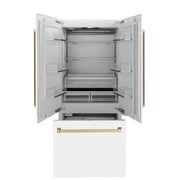 ZLINE Autograph Edition French Door Refrigerator, Internal Water, Ice Dispenser, White Matte, Champagne Bronze Accents RBIVZ-WM