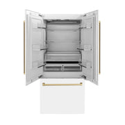 ZLINE Autograph Edition French Door Refrigerator, Internal Water, Ice Dispenser, White Matte, Champagne Bronze Accents RBIVZ-WM