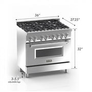 ZLINE 36" Professional Dual Fuel Range in Snow Stainless, Blue Gloss Door, RAS-BG-36