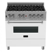 ZLINE 36" Professional Dual Fuel Range, Snow Stainless, White Matte Door, RAS-WM-36