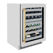 ZLINE Autograph 24 in. Dual Zone 44 Bottle Wine Cooler With Stainless Steel Glass Door And Polished Gold Handle RWDOZ-GS-24-G